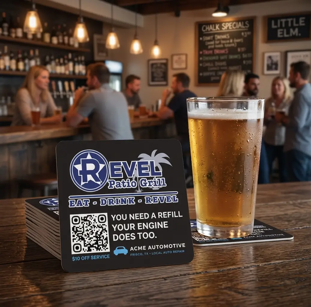 Custom DFW Coasters in a Bar Setting